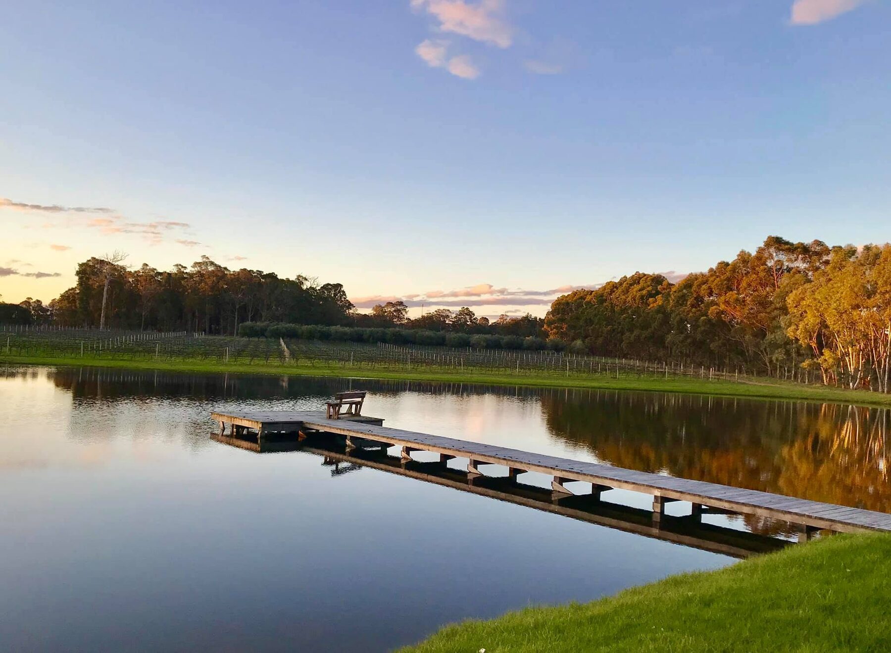 The lake and jetty at Wilyabrup Park at sunset